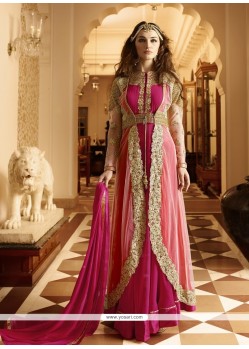 Conspicuous Embroidered Work Hot Pink Designer Floor Length Suit