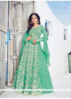 Energetic Embroidered Work Georgette Sea Green Designer Floor Length Salwar Suit