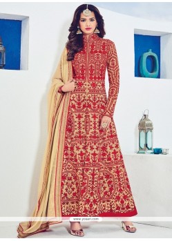 Elegant Silk Red Embroidered Work Designer Floor Length Salwar Suit