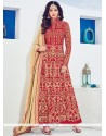 Elegant Silk Red Embroidered Work Designer Floor Length Salwar Suit