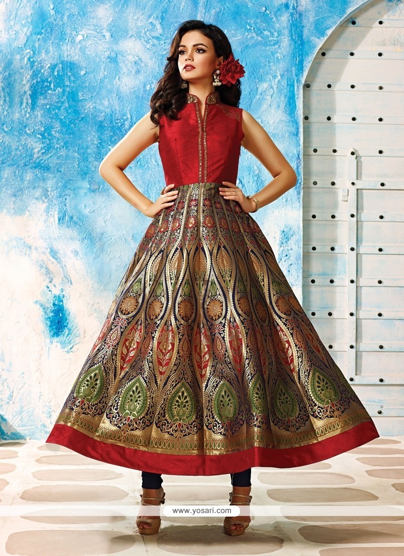 Tiptop Multi Colour Embroidered Work Banarasi Silk Readymade Designer Suit