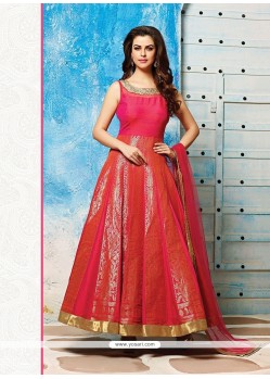 Fine Lace Work Banarasi Silk Hot Pink Readymade Designer Suit
