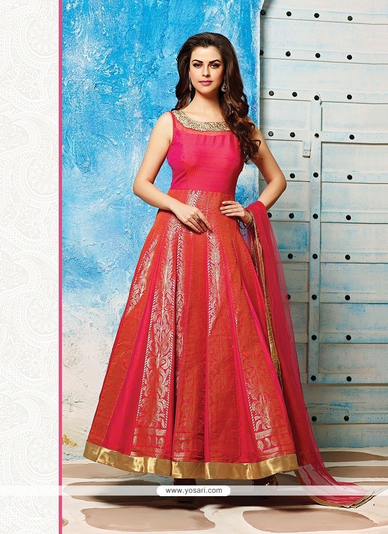 Fine Lace Work Banarasi Silk Hot Pink Readymade Designer Suit