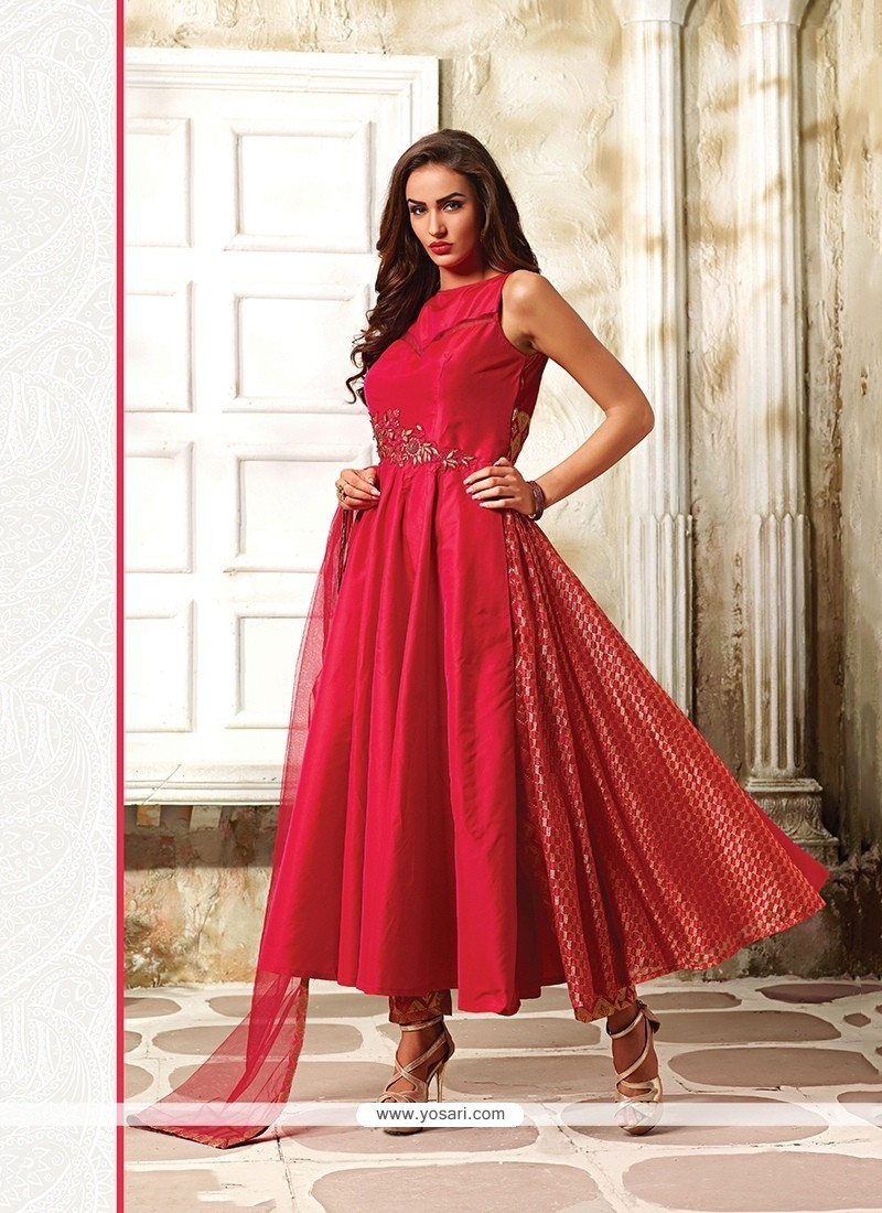 Pleasing Embroidered Work Red Readymade Designer Suit