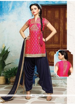 Astounding Embroidered Work Hot Pink Readymade Designer Suit