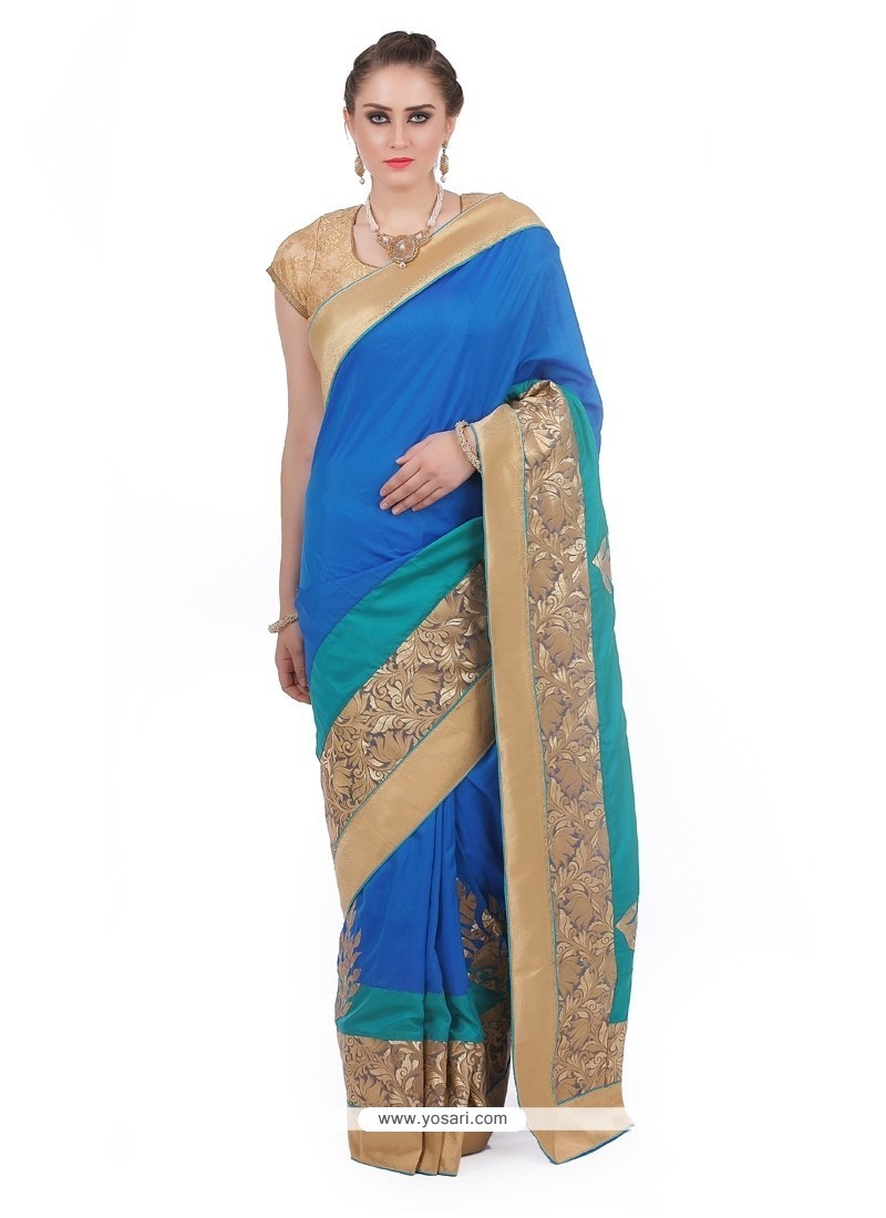 Dignified Patch Border Work Blue Trendy Saree