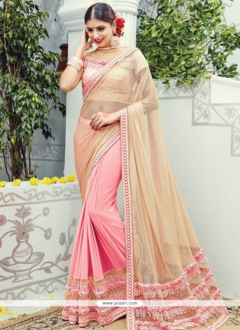 Arresting Peach And Pink Embroidered Work Lycra Classic Designer Saree