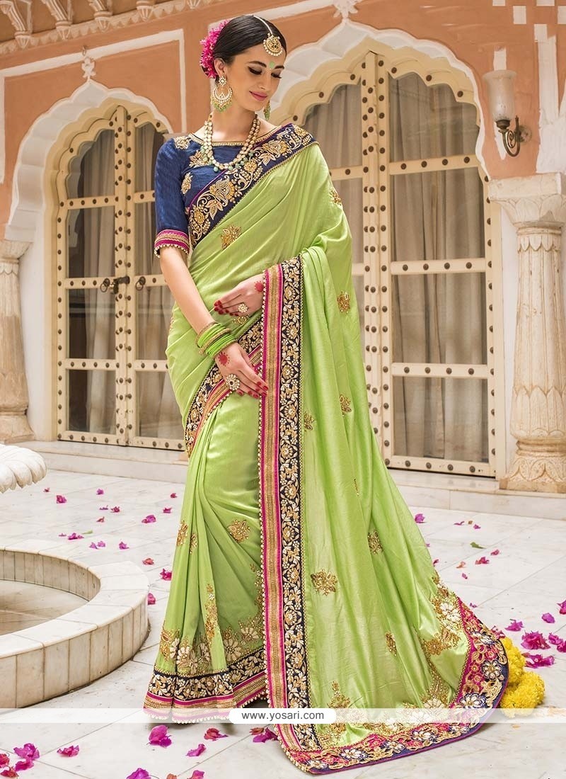 Patch Border Silk Designer Saree In Green