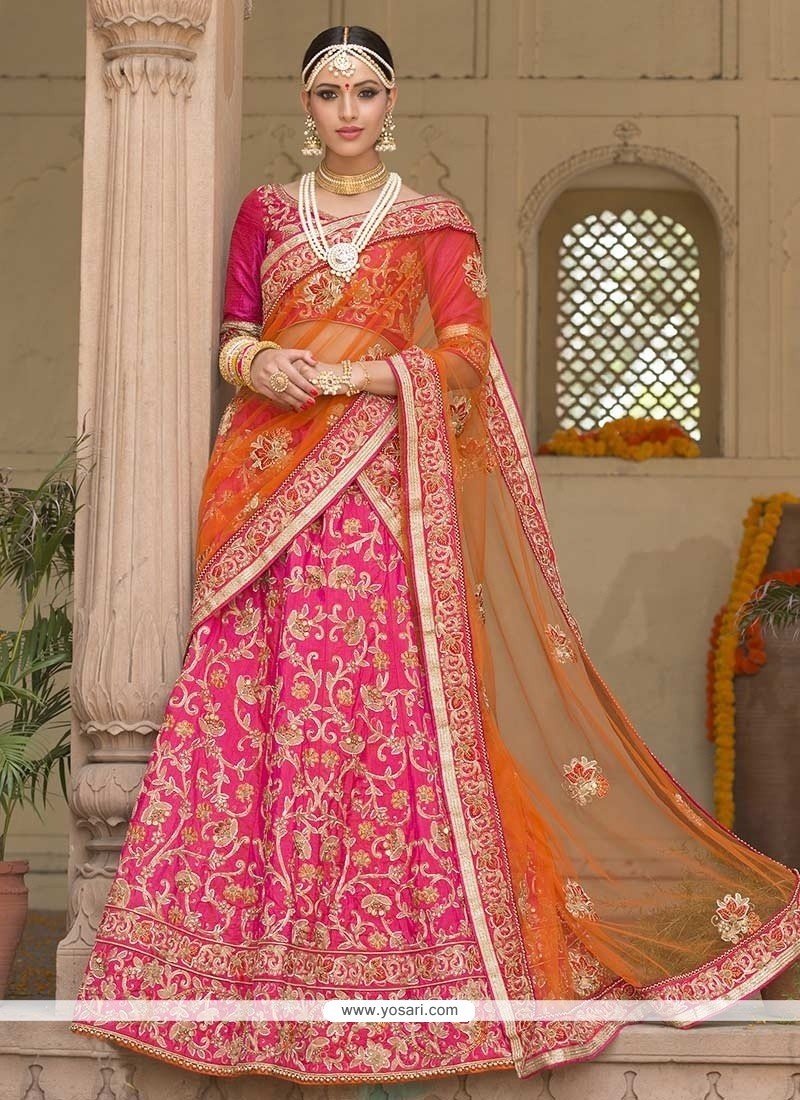 Ravishing Embroidered Work Hot Pink Banglori Silk Lehenga Saree