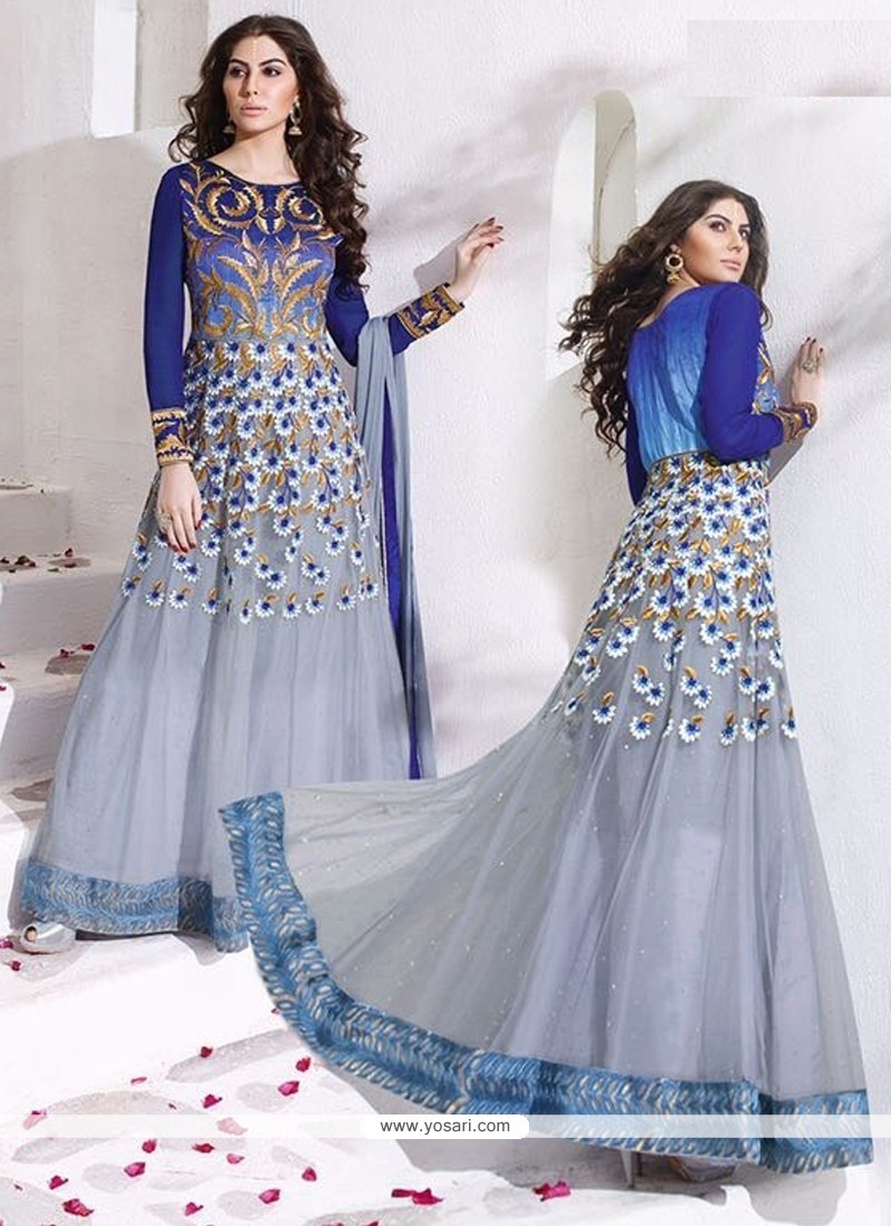Congenial Lace Work Grey Net Anarkali Salwar Suit
