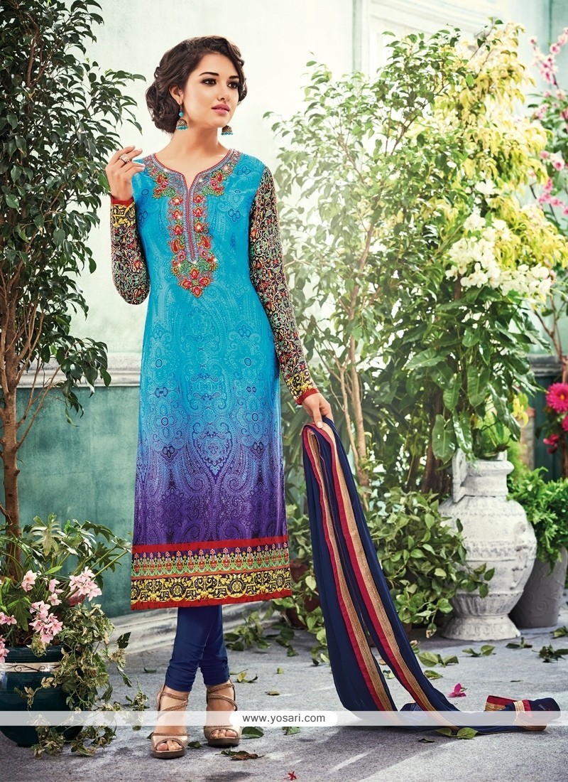 Stupendous Multi Colour Embroidered Work Crepe Silk Churidar Designer Suit