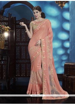 Gilded Embroidered Work Peach Designer Traditional Sarees