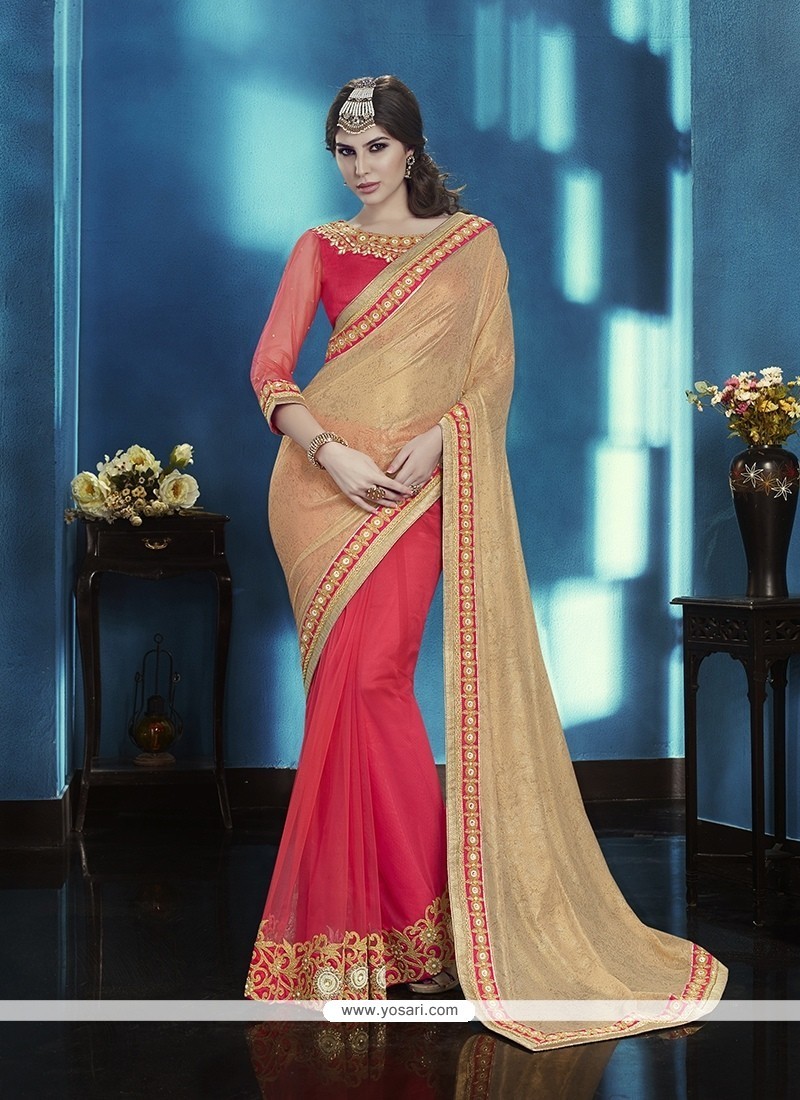 Mystic Embroidered Work Rose Pink Georgette Classic Saree