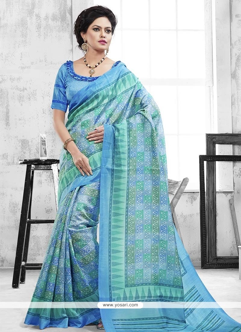 Exquisite Blue Print Work Casual Saree