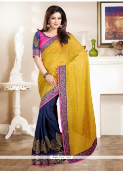 Musterd And Blue Shaded Georgette Saree