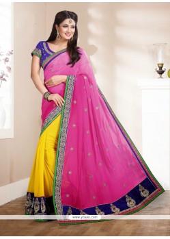 Yellow And Pink Georgette Designer Saree