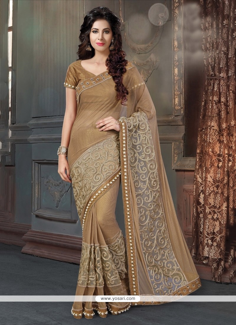 Entrancing Fancy Fabric Brown Patch Border Work Designer Traditional Sarees