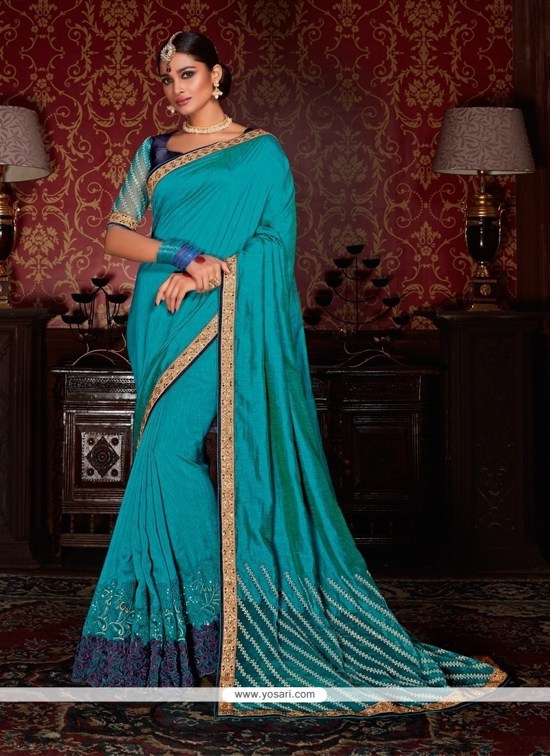Chic Blue Patch Border Work Faux Crepe Designer Traditional Sarees