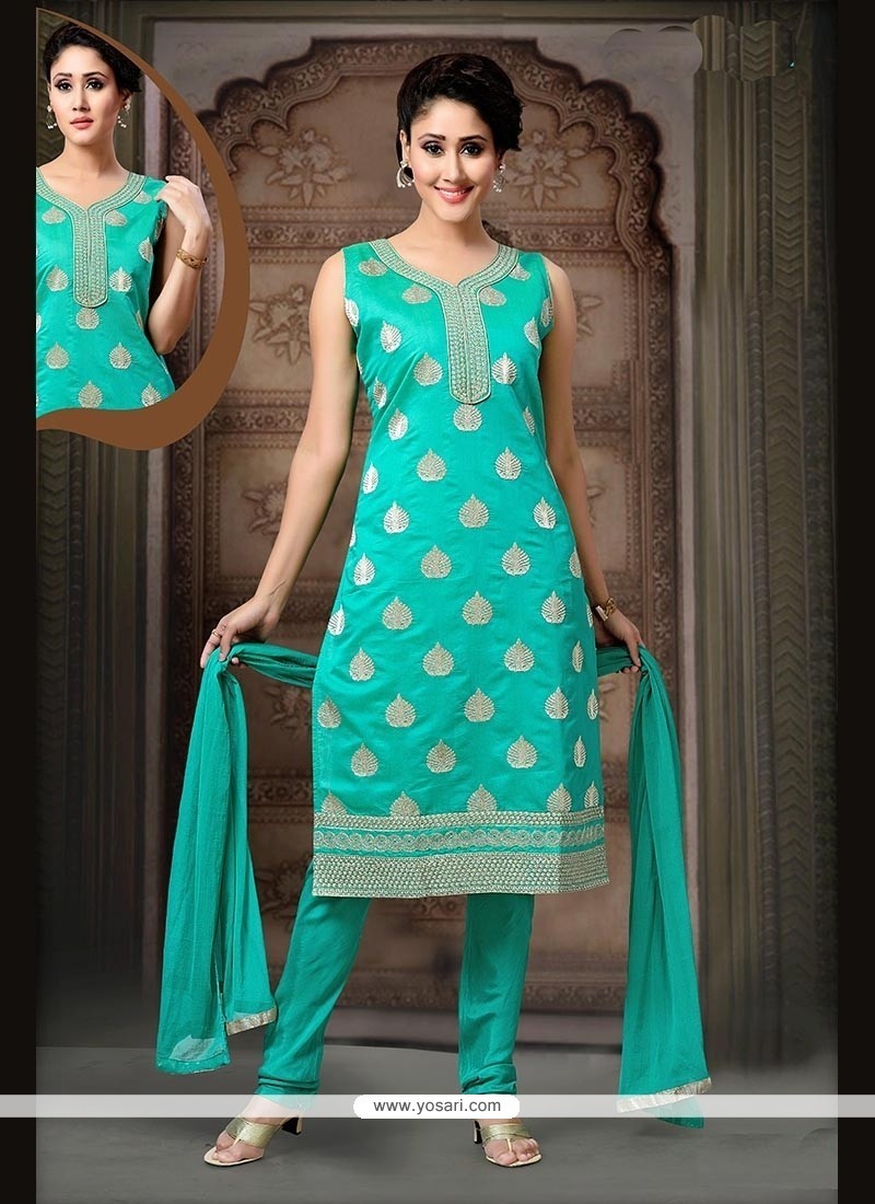 Floral Art Silk Sea Green Embroidered Work Readymade Suit