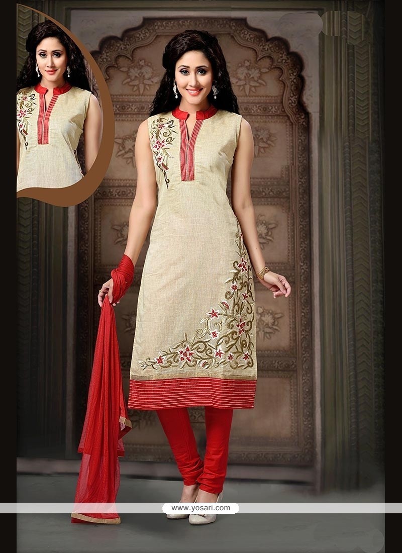 Embroidered Art Silk Readymade Suit In Red