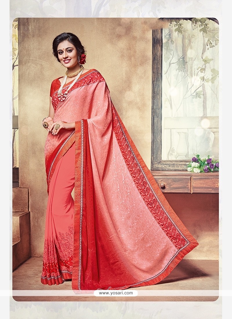 Pretty Red Embroidered Work Jacquard Classic Saree