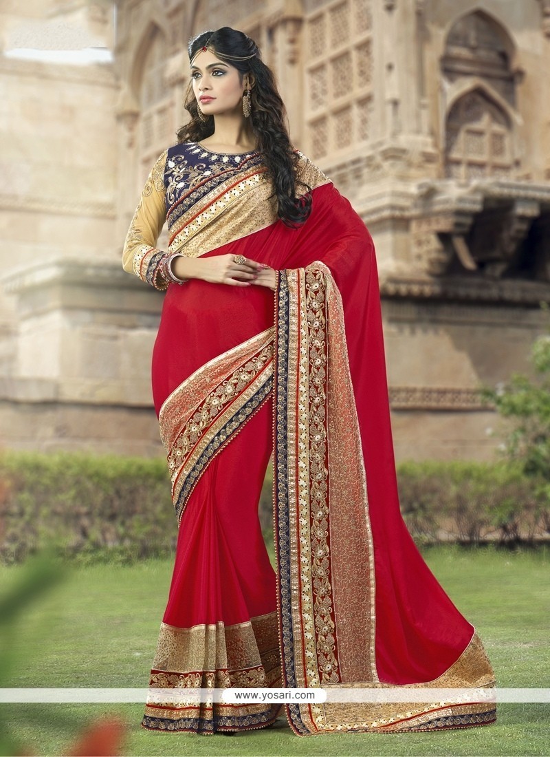 Elegant Patch Border Work Red Traditional Saree