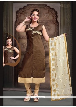Fashionable Brown Embroidered Work Art Silk Readymade Suit