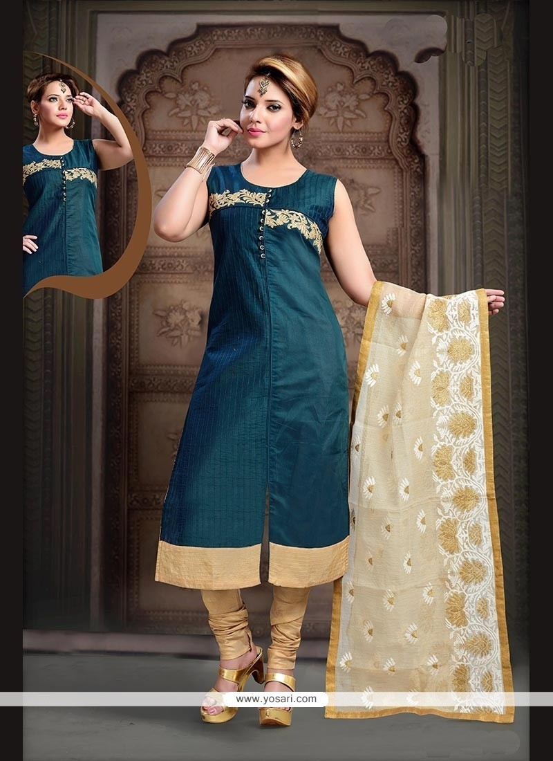 Aristocratic Teal Embroidered Work Readymade Suit