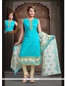 Intriguing Turquoise Embroidered Work Art Silk Readymade Suit