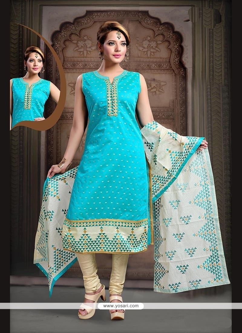 Intriguing Turquoise Embroidered Work Art Silk Readymade Suit
