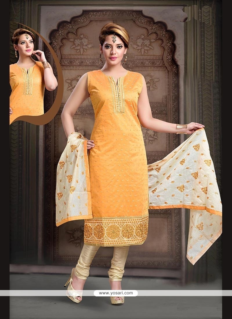 Mesmeric Embroidered Work Art Silk Mustard Readymade Suit