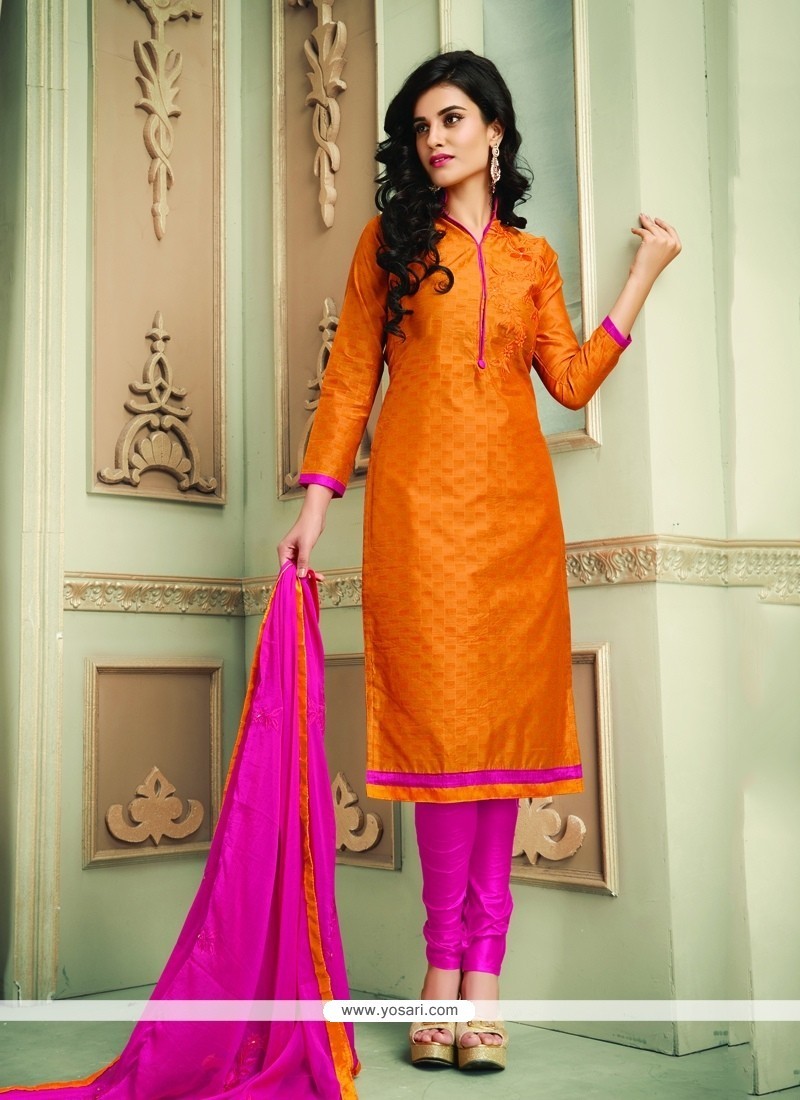 Orange Chanderi Cotton Churidar Designer Suit