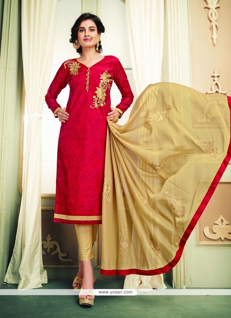 Eye-catchy Chanderi Cotton Red Embroidered Work Churidar Designer Suit