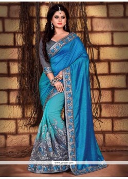 Blue Embroidered Work Silk Traditional Saree