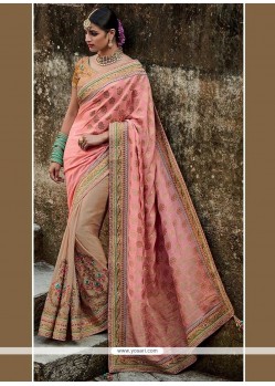 Sophisticated Faux Crepe Beige And Peach Embroidered Work Designer Half N Half Saree