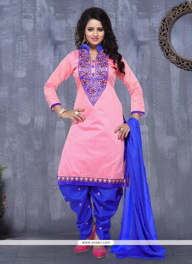Buy Peppy Pink Embroidered Work Cotton Punjabi Suit | Designer ...