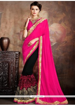 Glowing Black And Hot Pink Patch Border Work Georgette Classic Designer Saree