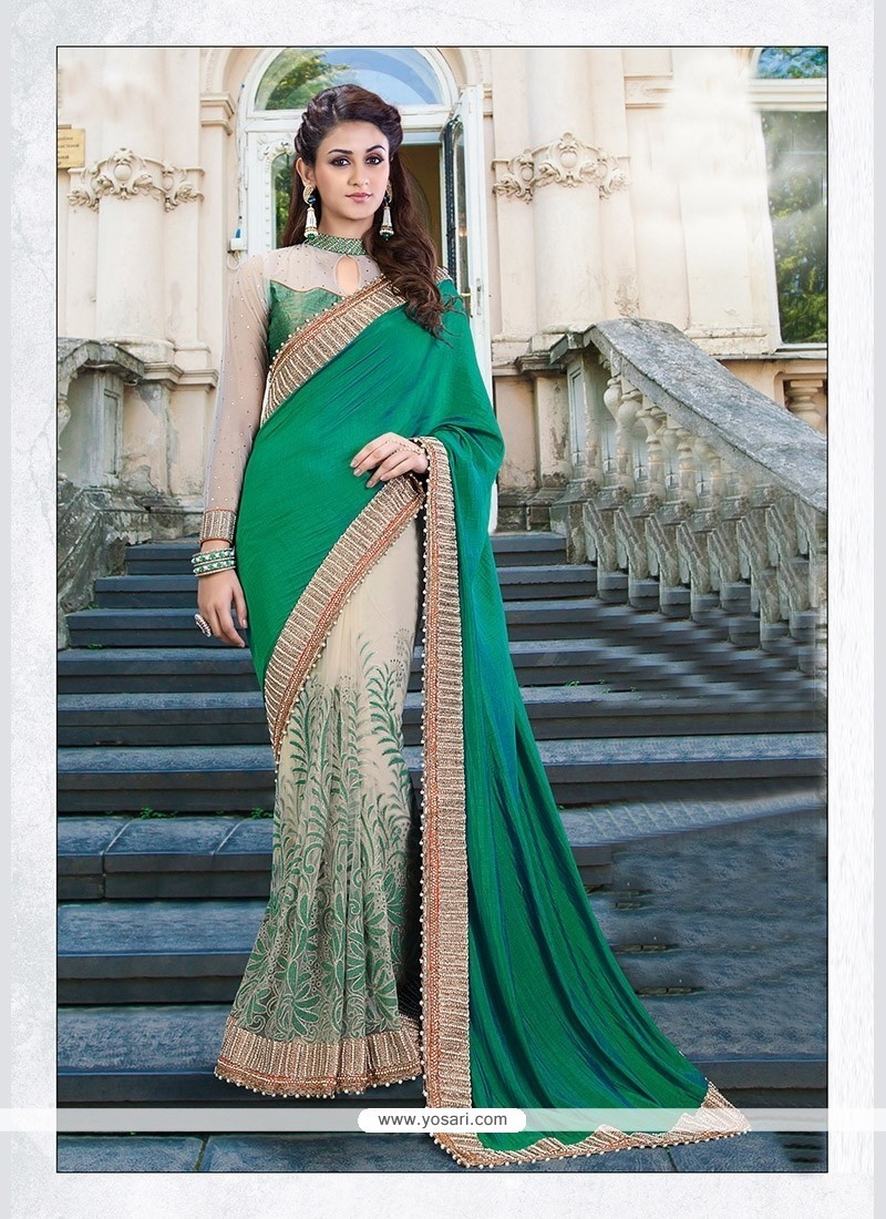 Outstanding Green Embroidered Work Net Classic Designer Saree