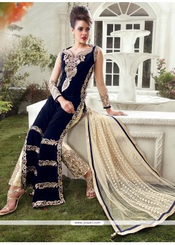 Navy Blue And Cream Embroidery Straight Suit