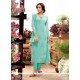 Wonderous Turquoise Embroidered Work Georgette Designer Straight Salwar Kameez
