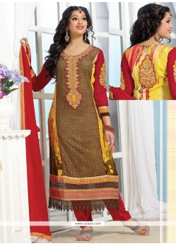 Yellow And Brown Georgette Churidar Suit