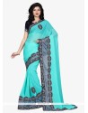Miraculous Patch Border Work Turquoise Georgette Classic Designer Saree