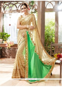 Affectionate Beige And Green Patch Border Work Georgette Designer Traditional Sarees