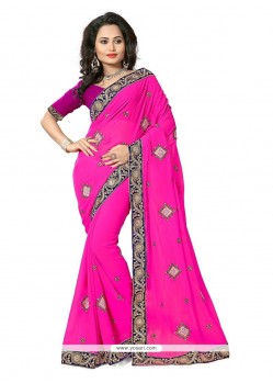 Classy Patch Border Work Hot Pink Georgette Trendy Saree