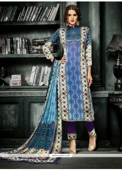 Print Crepe Silk Churidar Designer Suit In Blue