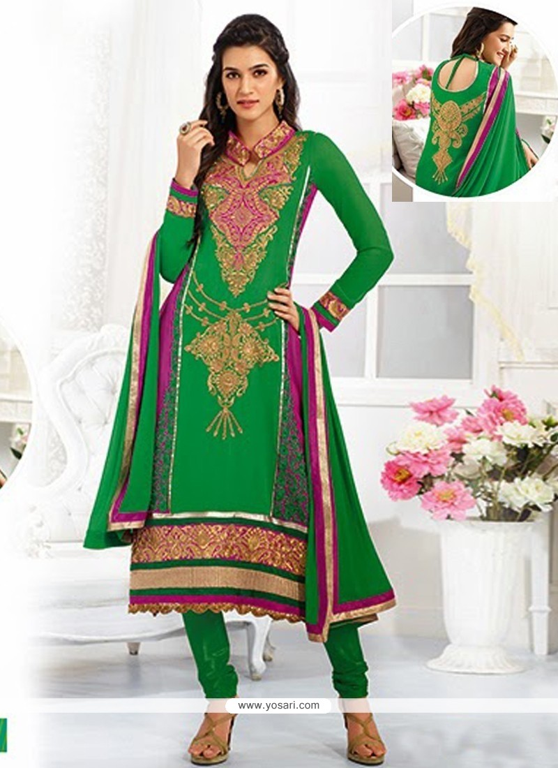 Buy Kriti Sanon Green Georgette Churidar Suit Suit Indian Suit Boney kapoor ki$$ kriti sanon in front of daughter jhanvi kapoor at a mumbai police umang awards. indian ethnic wear online store