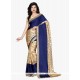 Gratifying Beige And Blue Faux Crepe Traditional Saree