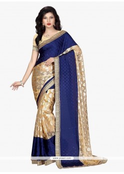 Gratifying Beige And Blue Faux Crepe Traditional Saree
