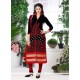 Stylish Embroidered Work Cotton Black And Red Churidar Designer Suit