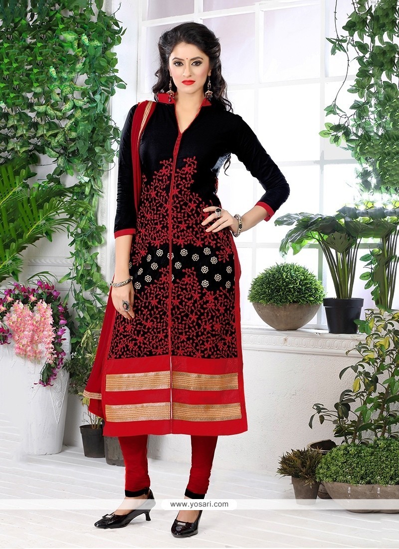 Stylish Embroidered Work Cotton Black And Red Churidar Designer Suit